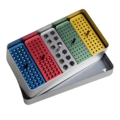 Endobox TD1025 204 x 105 x 54 srebrna kaseta/ wkład różne kolory - 1 x 48FG + 1x 48RA + 1 x 24RA,24FG + 1 x 12 kieliszki + 1 x 72 endo-otwory Dental Market